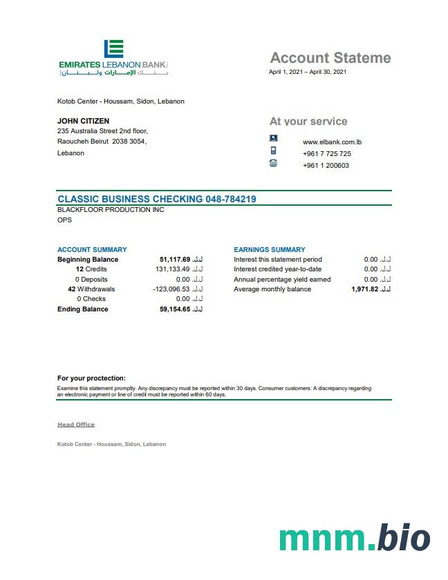 Szablon wyciągu bankowego Lebanon Cedrus w programie Word i PDF